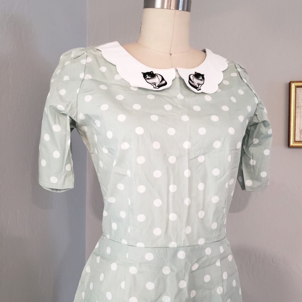 NWT Retro vintage style Trollied Dolly mint green white polka dot fitted dress